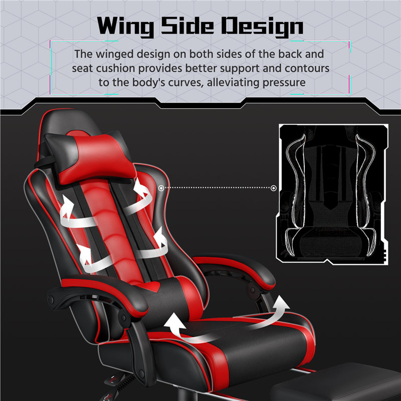 Inbox Zero Adjustable Reclining Ergonomic Faux Leather Swiveling Floor Game Chair with Footrest, Black/Red