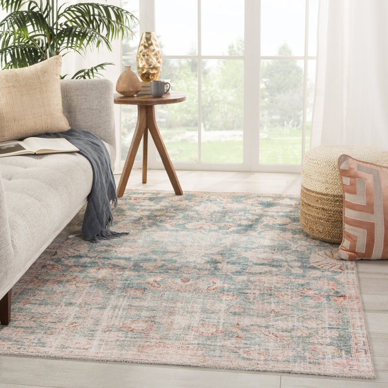 Tapis bleu sarcelle / beige Faye, Rectangle 6 pi x 9 pi