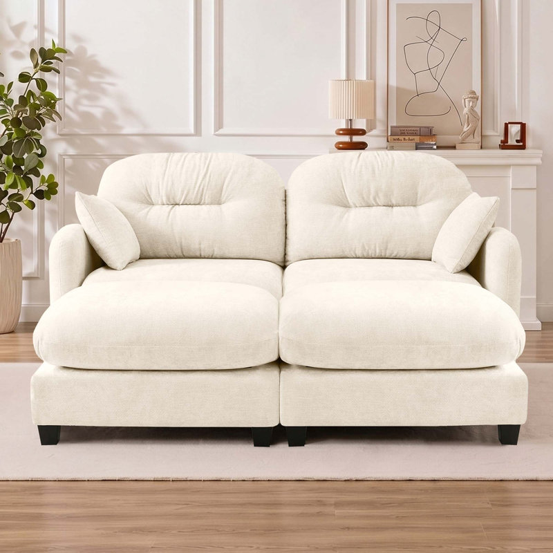 Canapé-lit modulaire ergonomique en chenille avec accoudoirs élégants avec base en bois et 2 repose-pieds, Beige