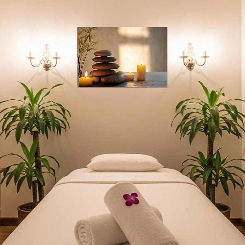 Zen Stone Wall Art Meditation Candle Canvas Painting Bamboo Print Picture Bathroom Poster Nature Relaxation Decor for Living Room Bedroom Ready to Hang