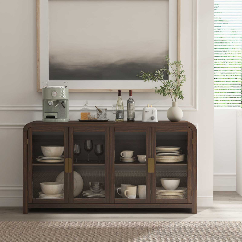 Cevat 60'' Boho Buffets & Sideboards with Sideboard Cabinet with 4 Glass Doors, Tan