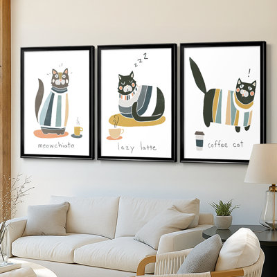Coffee Cats I  -Custom Framed  Wrapped Gallery Canvas - 3 Pieces