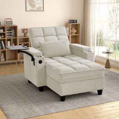 Convertible Chaise Lounge Chair Single Sleeper with USB&Type-C, 2 Cup Holders, Side Table, Under-seat Storage&Storage Armrests by Latitude Run