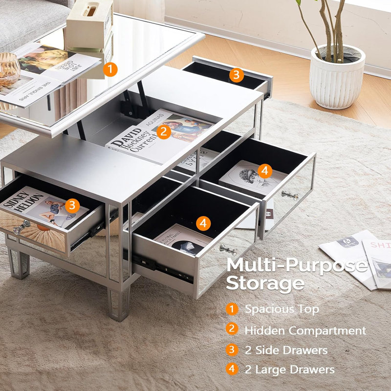 Table basse à plateau relevable en miroir avec tiroirs