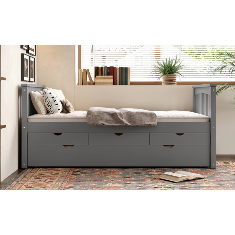Lit plateforme avec tiroirs et lit gigogne, gris