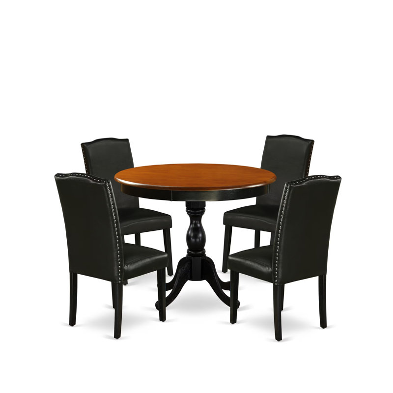 5-Piece Round Table Set Contains a Wood Kitchen Table and 4 Black PU faux Leather Upholstered Chairs with High Back - Black Finish