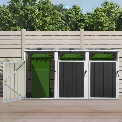Outdoor Garbage Bin Shed , Metal Trash Can Storage 3, Lockable Storage Shed