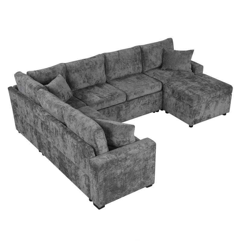 Canapé-lit modulaire 112,2 "avec repose-pieds avec rangement, trois coussins, dispositifs de chargement, gris