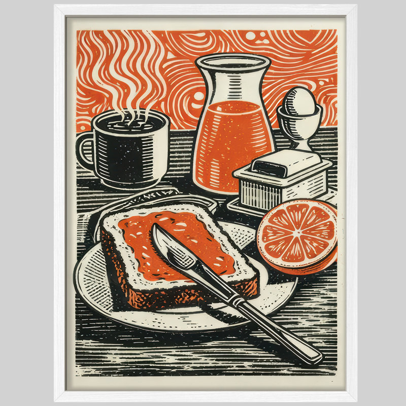 Retro Breakfast Still Life Framed Wall Art Prints - Coffee Toast Kitchen Dining Room, H 10 po x l 8 po, Blanc
