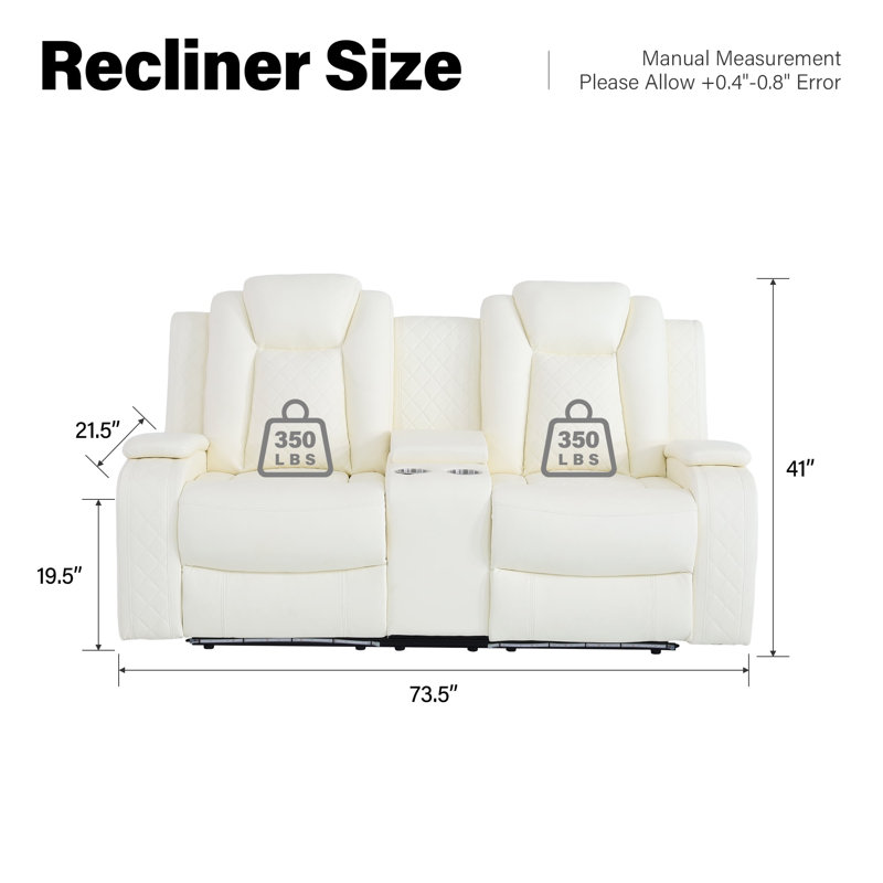 73.5" Power Recliner With Middle Console,LED Lighting Loveseat, Cream