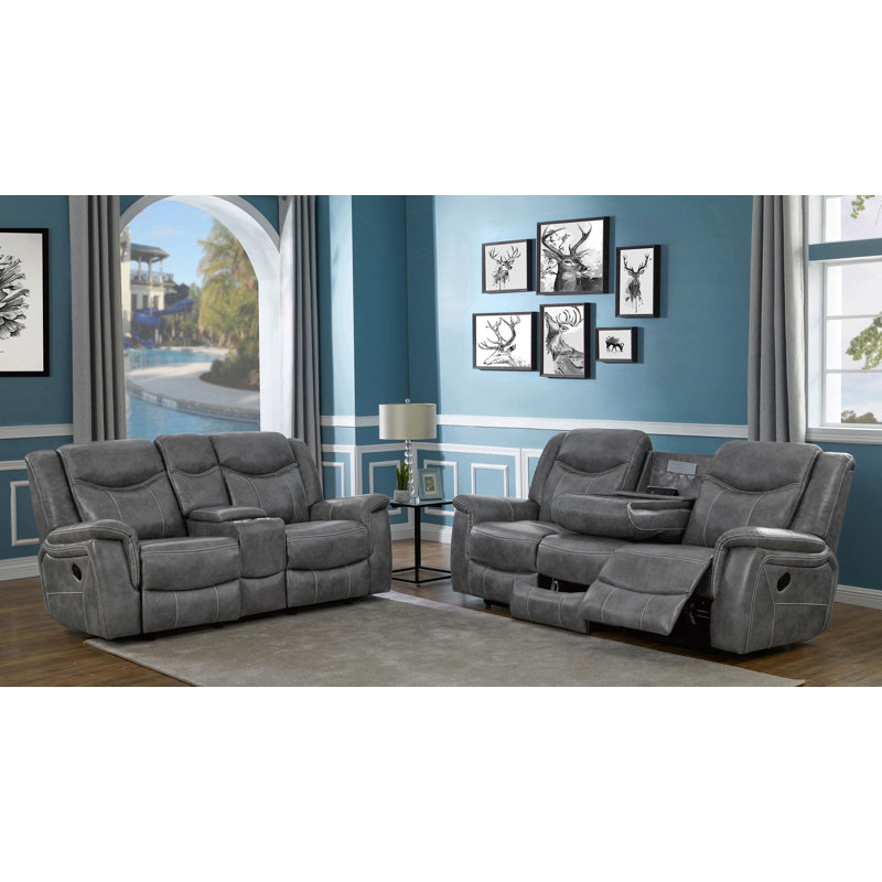 2-Piece Upholstered Padded Arm Motion Sofa Set Grey