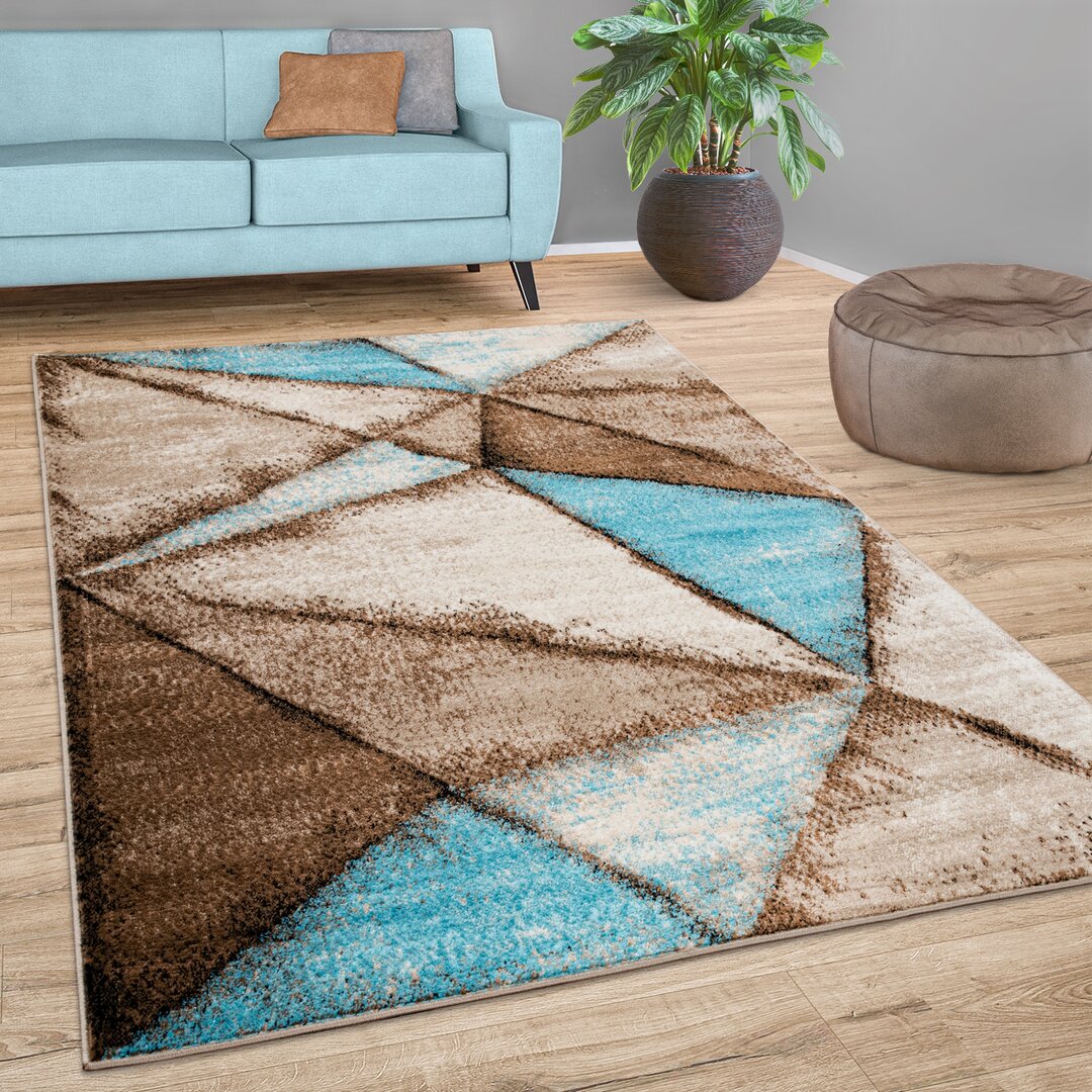 Wohnzimmer Geometrisches Muster Vintage Kurzflor Modern Teppich Burkett in Blau Beige Braun