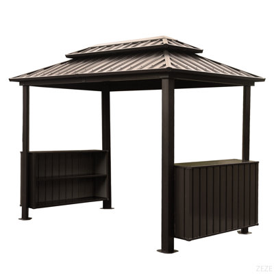 6x10FT Hardtop Grill Gazebo, Outdoor BBQ Gazebo with Double Galvanized Steel Roof, Patio Grill Canopy with 2 Cabinets and Ceiling Hooks