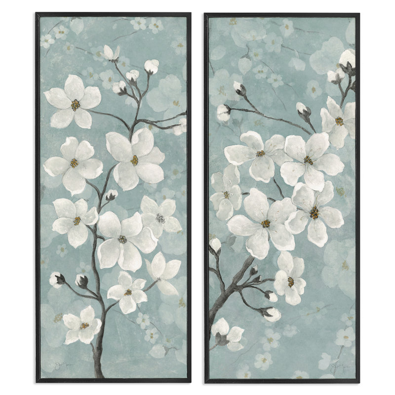 Ensemble de 2 giclées encadrées Green Tone Blossoms, design par Tava Studios, H 24 po x l 10 po, Giclée encadrée noir minuit