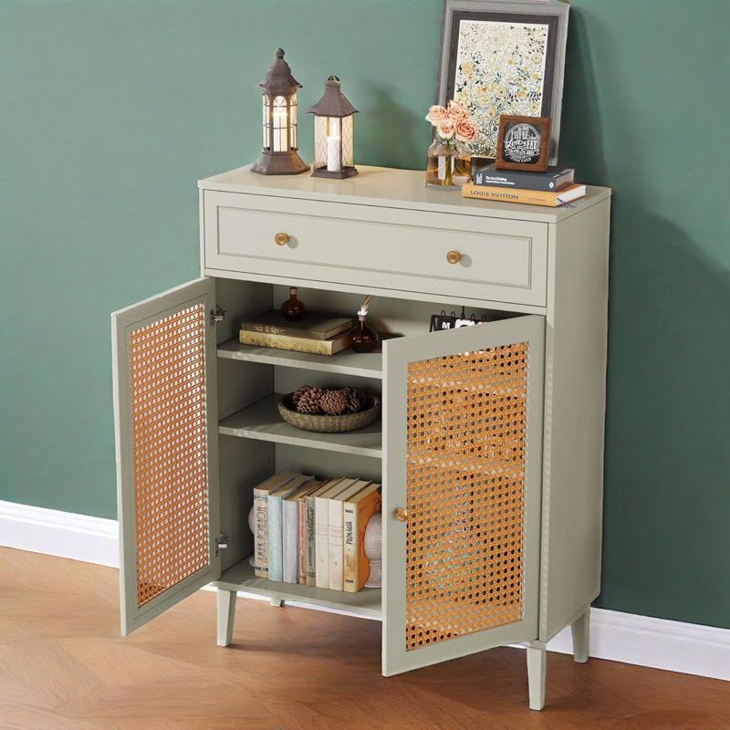 Modern Mint Green Rattan Shoe Cabinet - Gold Metal Handles, Sleek Design For Entryway/living Room