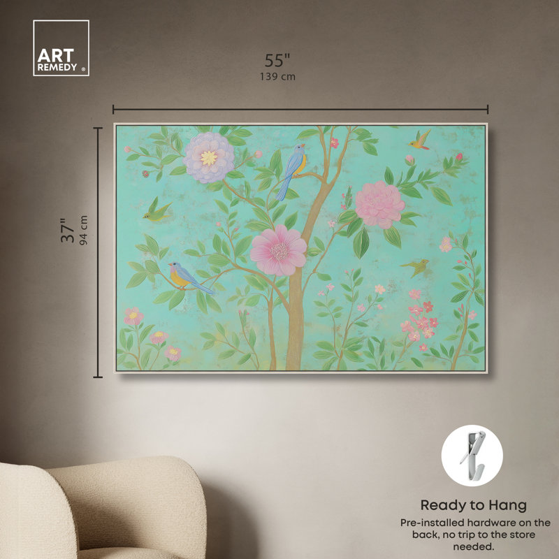 «Perched Bird IV», reproduction d'art sur toile encadrée par Art Remedy, cadre argenté, 54 x 36, 37"H x 55"W, Silver Frame