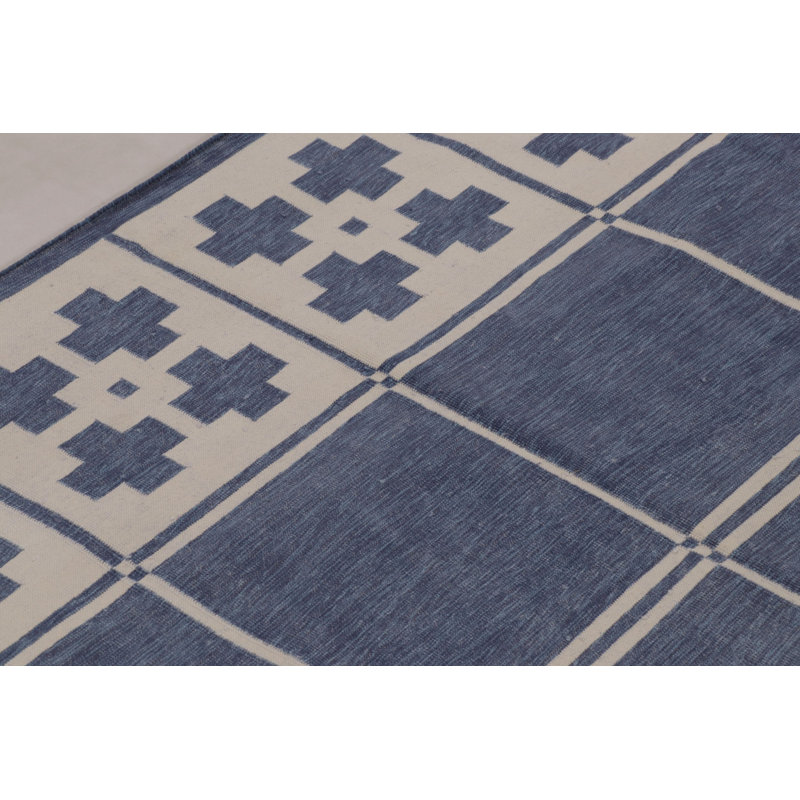 Rug & Kilim’S Contemporary India Dhurrie Rug In Navy And Beige Grid