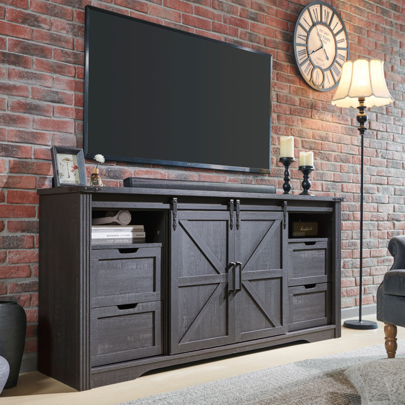 66 Inch TV Stand Console For Tvs Up To 75" With 2 Sliding Barn Doors And Drawers, Black