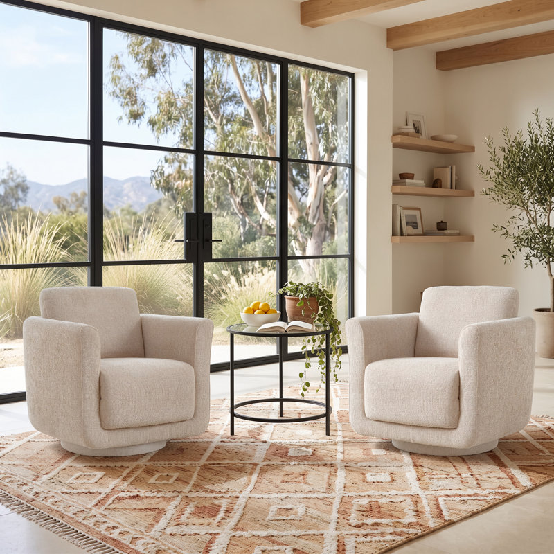 33" Wide Chenille 360° Oversized Swivel Barrel Chair With Solid Wood Frame, No Assembly Required (Set of 2), Beige Chenille