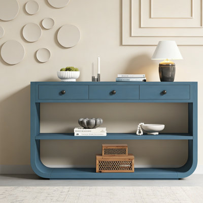 Console moderne incurvée, 3 tiroirs à fermeture douce et 2 tablettes ouvertes, base en bois massif, table d'entrée