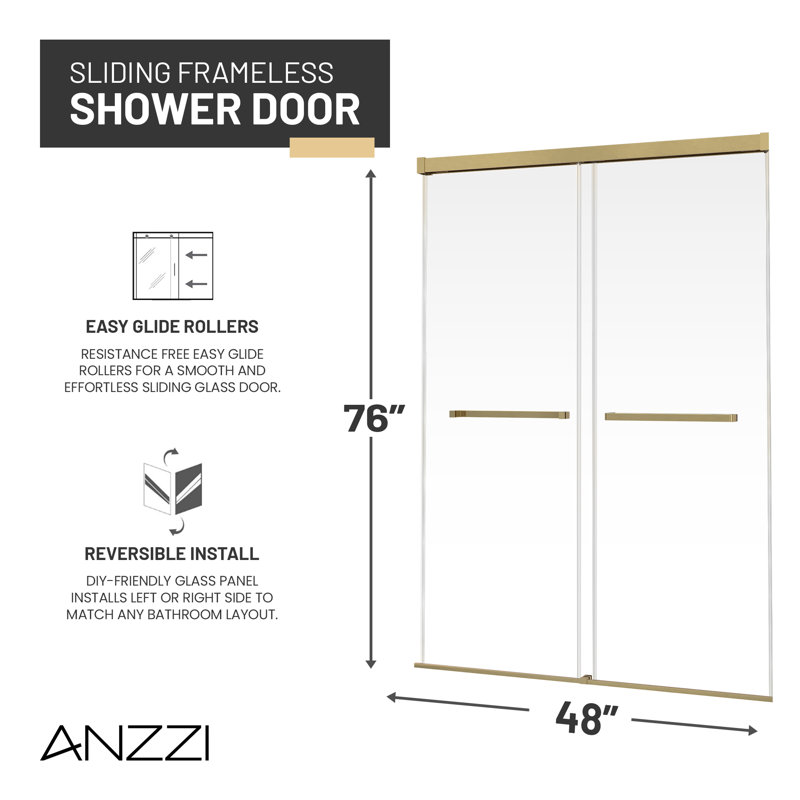 Ward Series 76 In. X 44-48 In. Frameless Sliding Shower Door In Brushed Gold With 3/8" (10Mm) Tempered Clear Glass