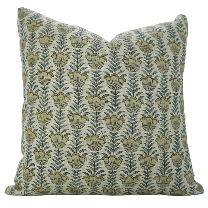 Fabdivine Boho Pillow Cover Floral Printed Thick Linen 22X22 inch, Blue, Lotus,, 16"H x 16"W, Square