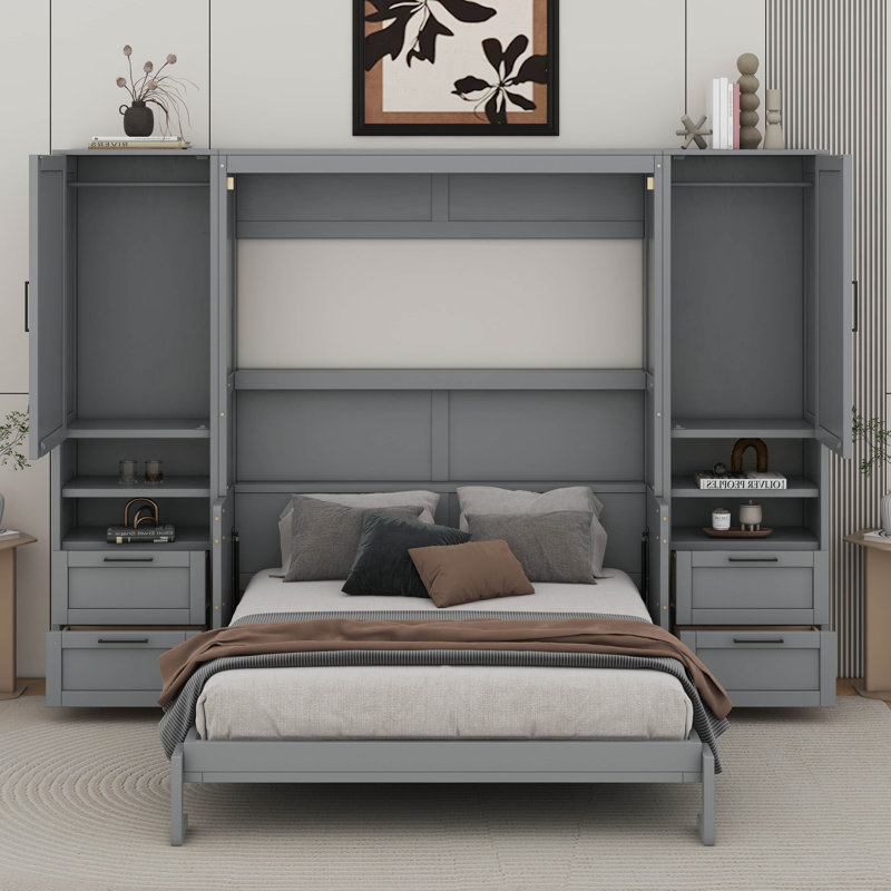 Grand lit escamotable mural avec placard, tiroirs et tablettes, Gris