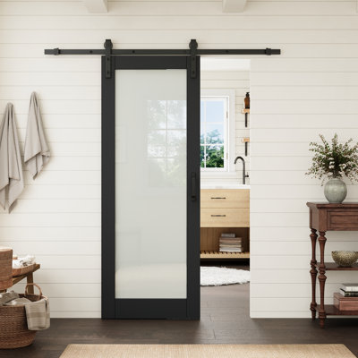 Porte intérieure standard de 32 po x 80 po, 1 vantail en verre trempé dépoli noir, avec quincaillerie noire pour porte de grange, idéale pour le garde-manger et la cuisine.