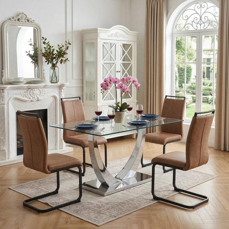 Ensemble de 4 chaises de salle à manger en faux cuir modernes avec coutures verticales et base en métal, Brun, Black, 4