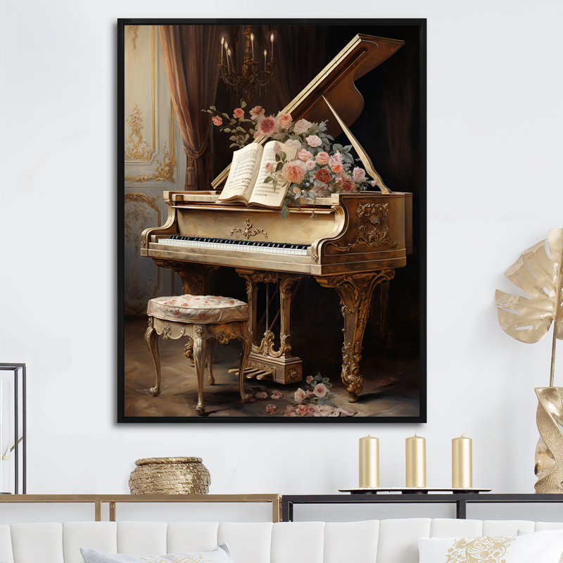 «French Baroque Piano Brilliance I - Décoration murale encadrée musique, Cadre flottant noir, H 44 po x l 34 po x P 1,5 po
