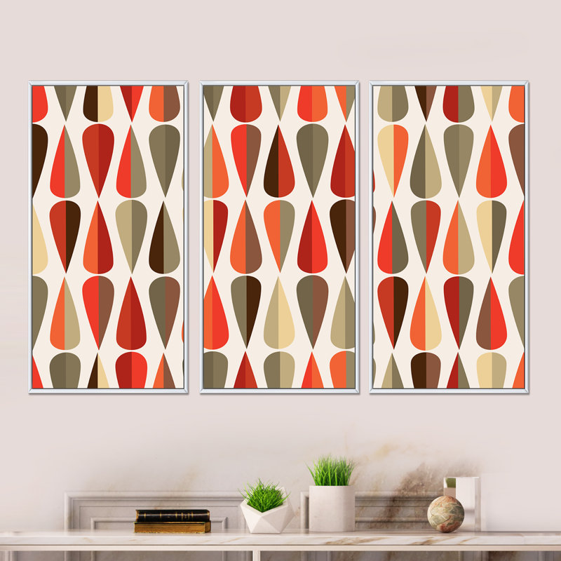 «Retro Abstract Drops IV», reproduction de cadre photo sur toile 3 pièces, H 32 po x l 48 po x P 1 po, Cadre blanc