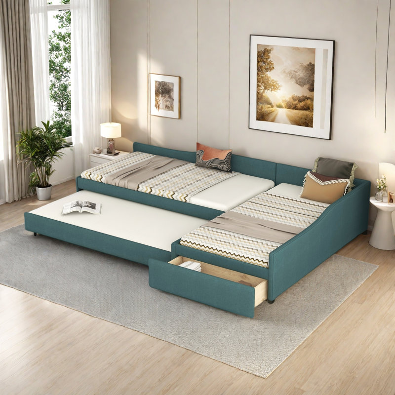 Multifunctional Upholstered Daybed With Trundle And One Drawer, Green