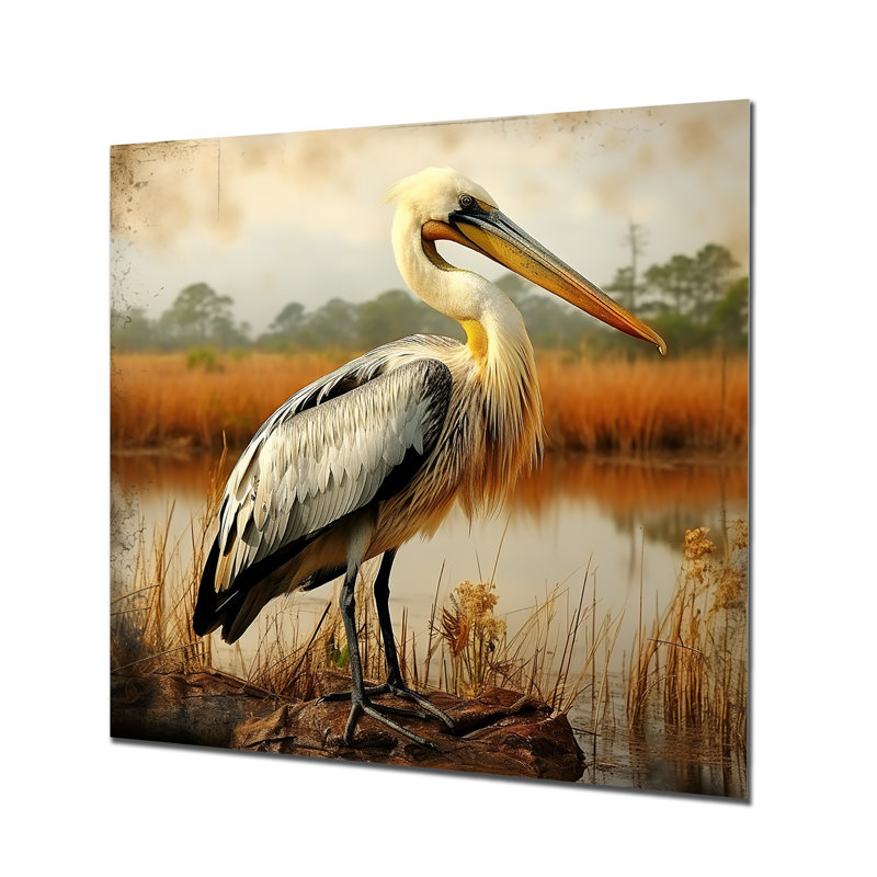 Pélican noir au bord de l'eau - art mural pélican en métal, H 36 po x l 36 po