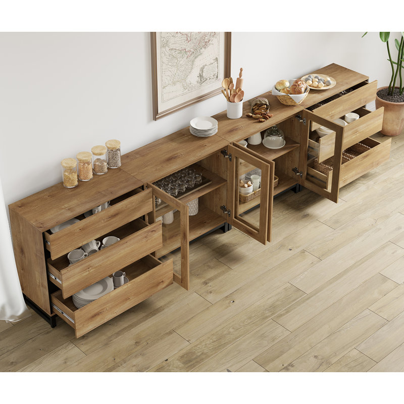 Commode 4 en 1 moderne avec portes en verre et 6 tiroirs, armoire de rangement avec tablettes réglables, commode pour chambre à coucher