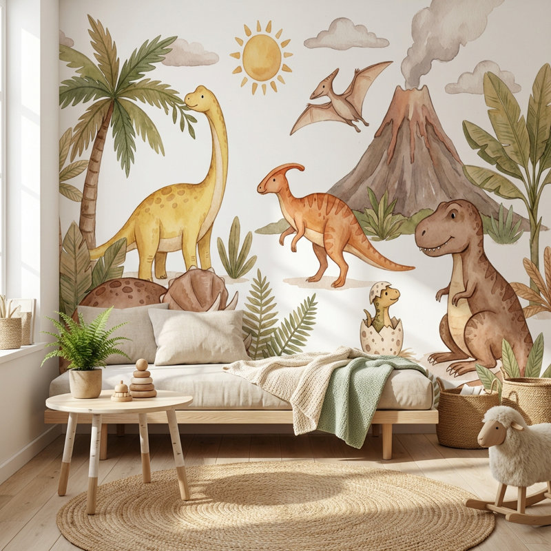 Dinosaurs Wallpaper Prehistoric Cartoon Wall Mural, 100"x96", Non-Woven Nonpasted
