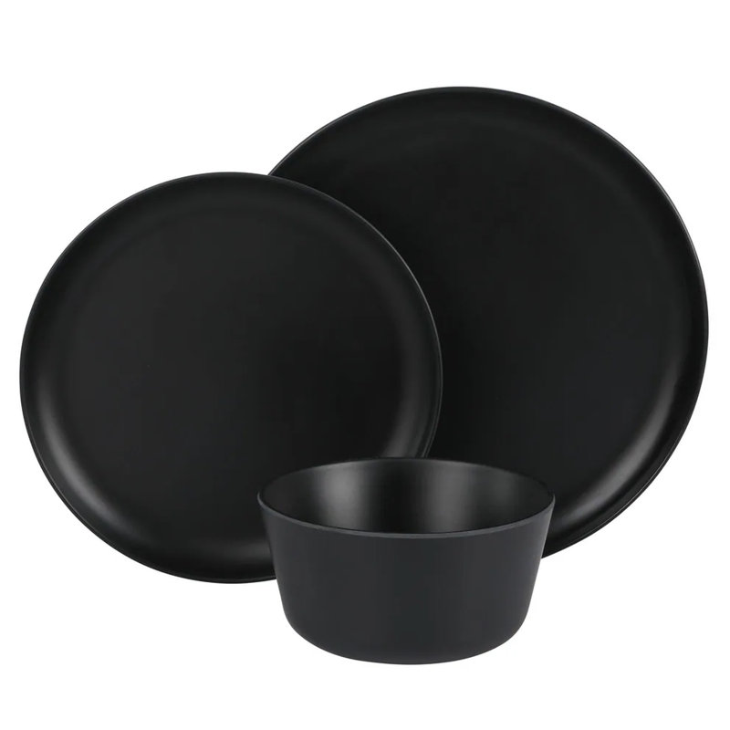 Service de table rond en mélamine 12 pièces Gibson Home Fairhope, Noir, noir, noir, noir