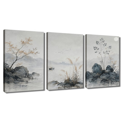 3 panneaux d'art mural Misty Lake Boat Oriental Landscape