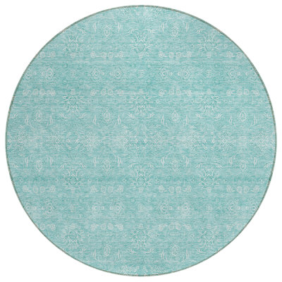 8' Aqua And Ivory Round Floral Washable Indoor Outdoor Area Rug