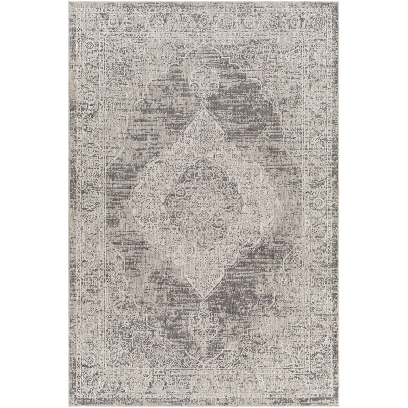 Tissu oriental oriental tissé à la machine recyclé P.E.T. Tapis gris, Rectangle 6 pi 7 po x 9 pi
