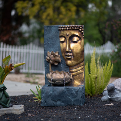 XBrand 30" Zen Buddha Face Water Fountain with LED Light & Pump, Indoor/Outdoor Polyresin Fountain, Bronze & Grey