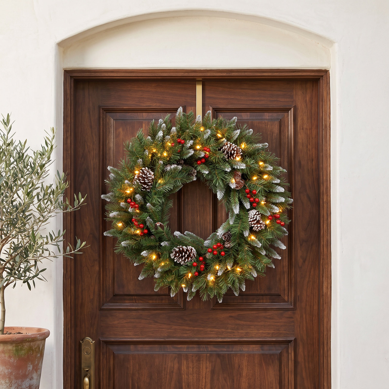 The Holiday Aisle® Frosted Berry Wreath with Clear Lights, 24" H x 24" W x 6" D