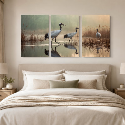 Red Crowned Cranes Standing in Marsh Water with Reflections Set Of 3 Canvas Wall Art