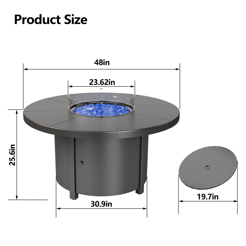 48" Round Propane Fire Pit,Steel Tabletop Fire Pit,55000 BTU Auto-Ignition Gas Fire Pits With Lid & Windproof Glass For Outdoor,Patio,Backyard