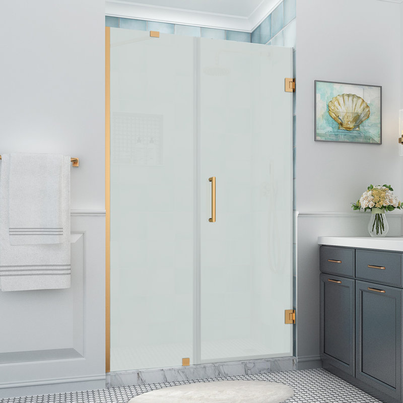 Belmore XL 49.25 - 50.25 in. W x 80 in. H Frameless Hinged Shower Door with StarCast Glass, Brushed Gold, Frosted Glass