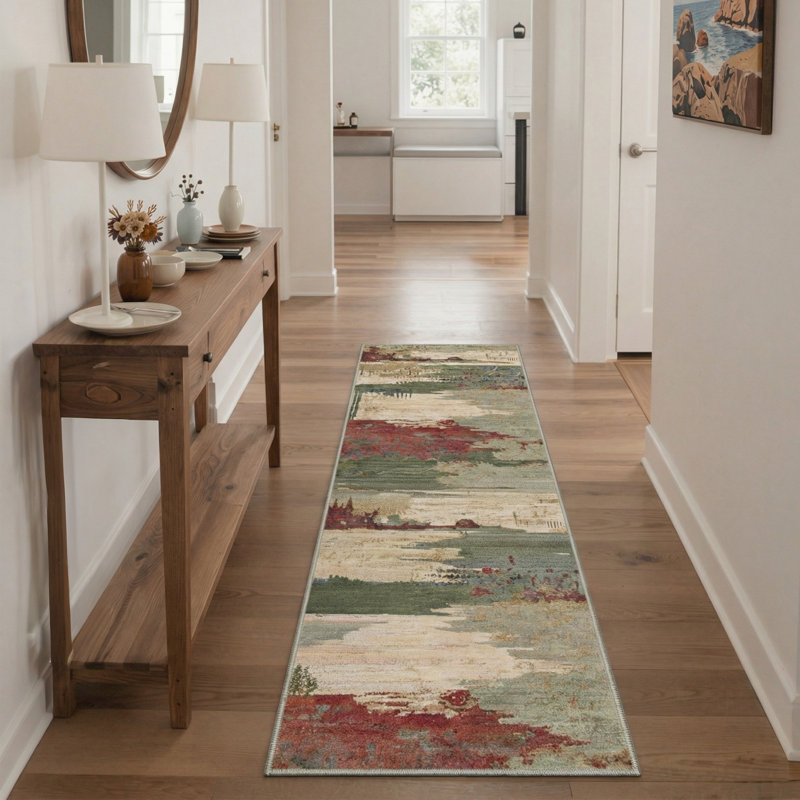 Aura Abstract Painting Machine Washable Terracotta Indoor Area Rug With Non-Slip Backing, Green/Red/Beige, Runner 2'6" x 8'