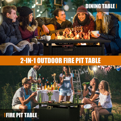 44" Propane Fire Pit Table, 2-in-1 Outdoor Gas Fire Pit with Lid, 50,000 BTU, CSA Certified, Rattan & Woodgrain Design