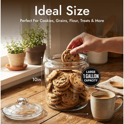 Pot à biscuits en verre de 1 gallon avec couvercle - pot en verre avec couvercle - contenant hermétique pour les biscuits, les bonbons, la farine, les gâteries pour chiens - grand pot de cuisine transparent pour garde-manger - contenants en verre avec couvercles