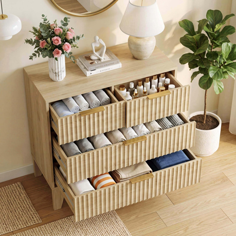 Commode à 4 tiroirs pour chambre à coucher, commode cannelée de 61 cm de large