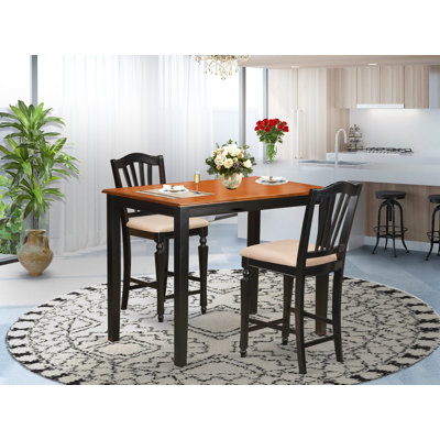 Ensemble de table de salle à manger à hauteur de comptoir 3 pièces comprenant une table de salle à manger rectangulaire et 2 chaises en tissu de lin, noir et cerise