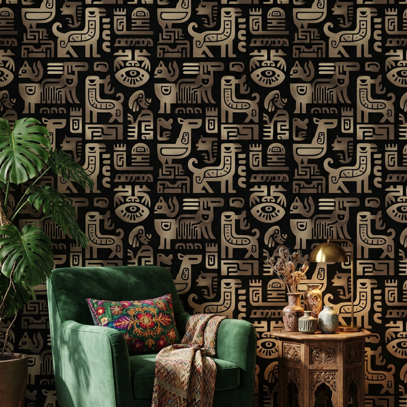 Papier peint stylisé à motif géométrique tribal, Non tissé, non collé